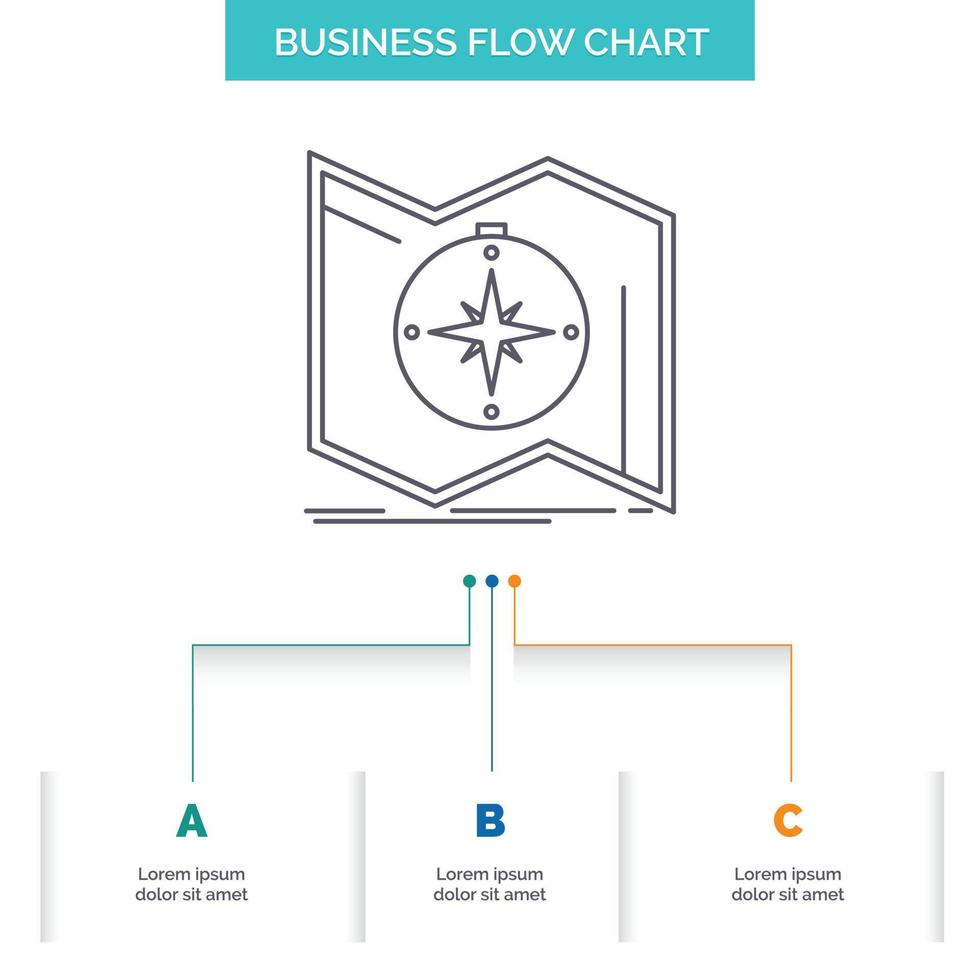 dirección. explorar. mapa. navegar. diseño de diagrama de flujo empresarial de navegación con 3 pasos. icono de línea para el lugar de plantilla de fondo de presentación para texto vector