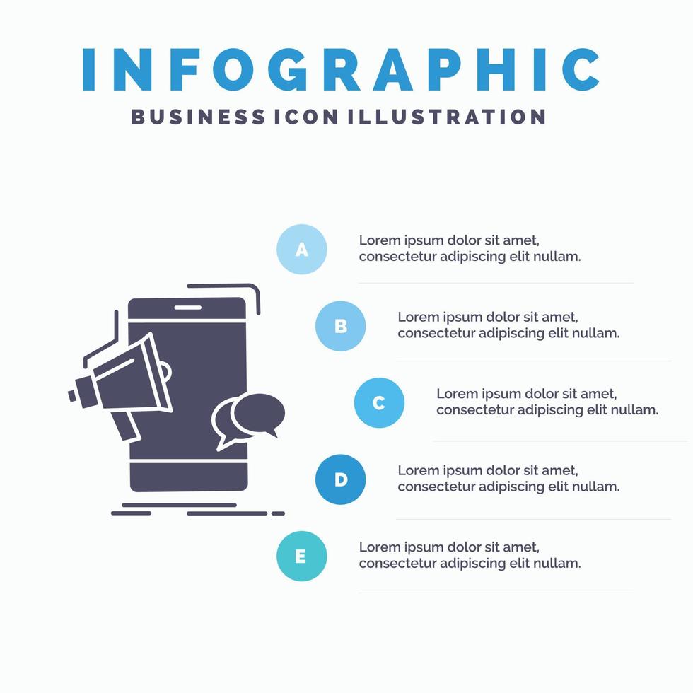 megáfono. marketing. móvil. megáfono. plantilla de infografía de promoción para sitio web y presentación. icono de glifo gris con ilustración de vector de estilo infográfico azul.