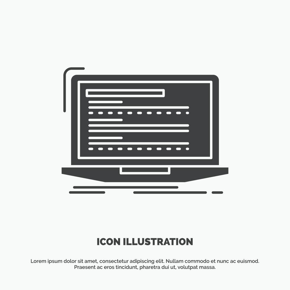 código. codificación. computadora. monobloque. icono de la computadora portátil. símbolo gris vectorial de glifo para ui y ux. sitio web o aplicación móvil vector