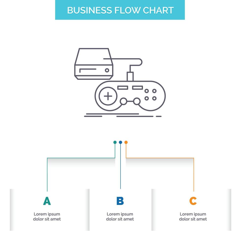 consola. juego. juego de azar. estación de juegos. Juega al diseño de diagramas de flujo de negocios con 3 pasos. icono de línea para el lugar de plantilla de fondo de presentación para texto vector