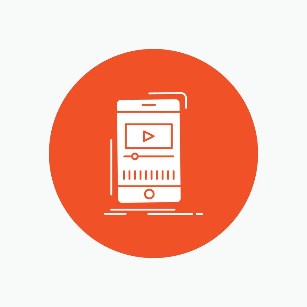 media. music. player. video. mobile White Glyph Icon in Circle. Vector Button illustration