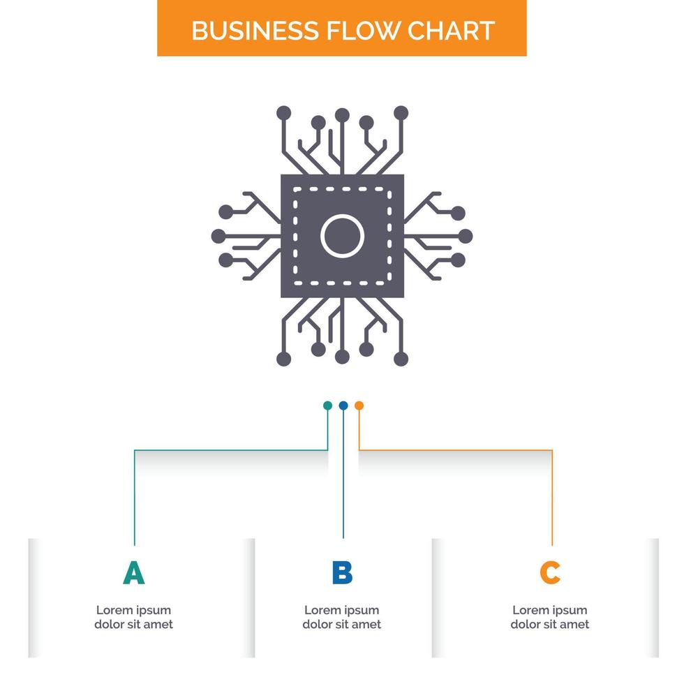 Chip. cpu. microchip. processor. technology Business Flow Chart Design with 3 Steps. Glyph Icon For Presentation Background Template Place for text. vector