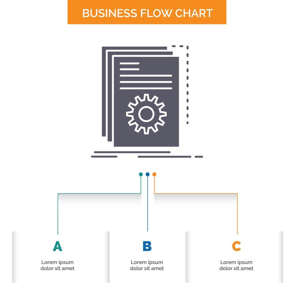 aplicación construir. desarrollador. programa. diseño de diagrama de flujo de negocio de guión con 3 pasos. icono de glifo para el lugar de plantilla de fondo de presentación para texto. vector