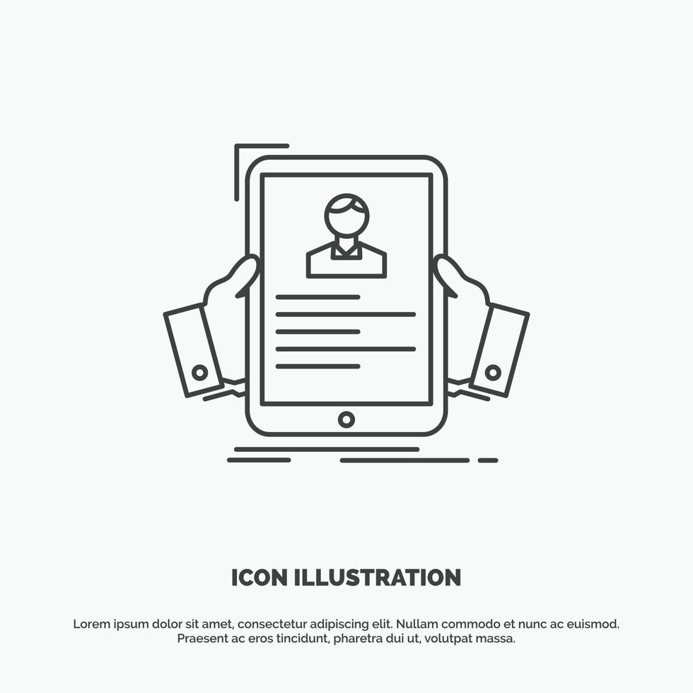 reanudar. empleado. contratación. hora icono de perfil símbolo gris vectorial de línea para ui y ux. sitio web o aplicación móvil vector