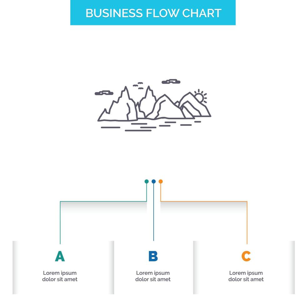 Mountain. hill. landscape. nature. cliff Business Flow Chart Design with 3 Steps. Line Icon For Presentation Background Template Place for text vector