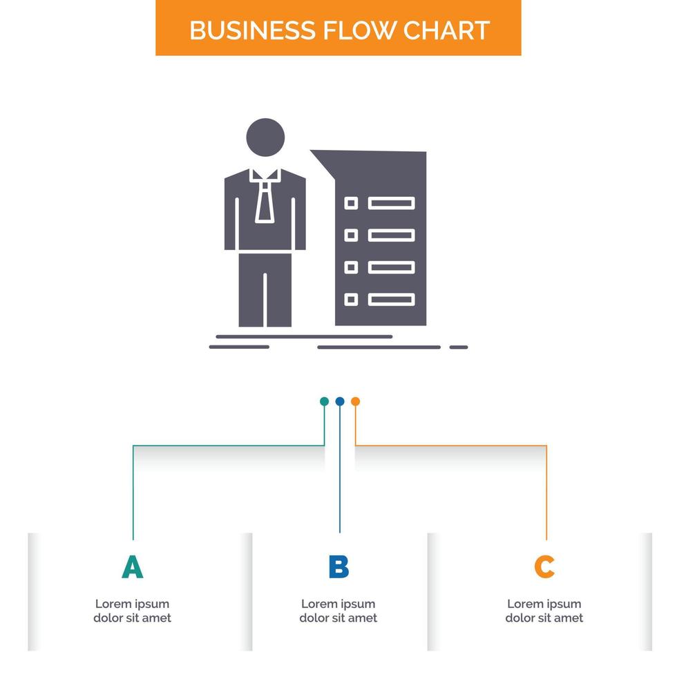 Business. explanation. graph. meeting. presentation Business Flow Chart Design with 3 Steps. Glyph Icon For Presentation Background Template Place for text. vector