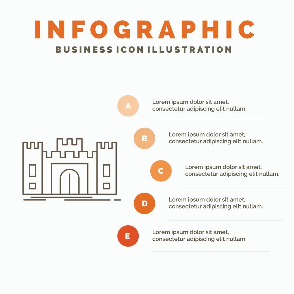 castillo. defensa. fuerte. fortaleza. plantilla de infografía histórica para sitio web y presentación. icono de línea gris con ilustración de vector de estilo infográfico naranja