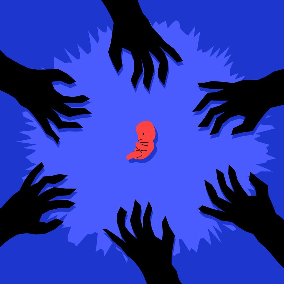 Hands reaching for the fetus, the concept of a ban abortion. A metaphor for politicians' intervention in women's reproductive health. vector