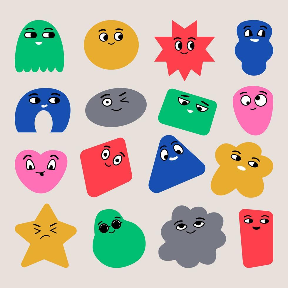 Cute funny hand-drawn figures of trending style, collection of colorful emojis. vector