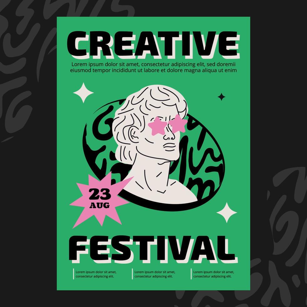 cartel de arte para un concierto, exposición, festival creativo, espectáculo. ilustraciones dibujadas a mano con la cabeza de una estatua griega. portada abstracta al estilo de los años 80. vector