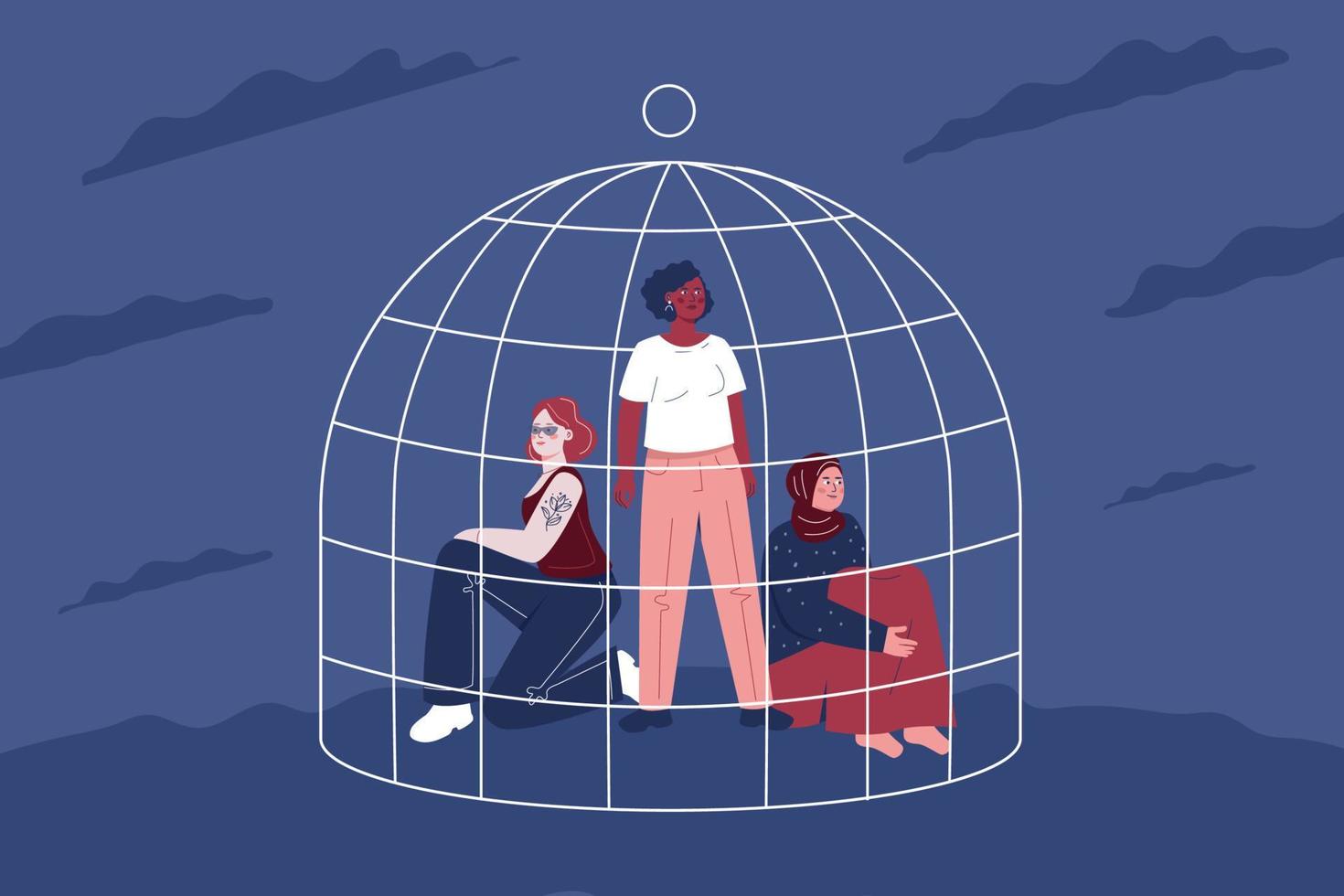 Multiethnic women locked in cages, a symbol of discrimination and restriction of women's rights vector