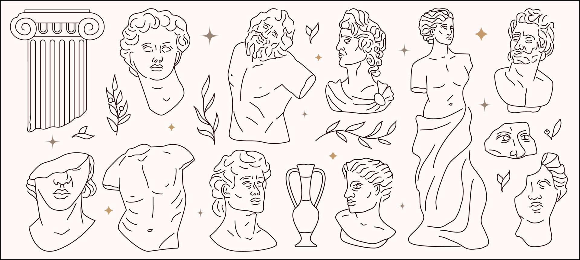 Antique hand-drawn sculptures. Traditional greek style figures, bust and statues, column. Architectural elements, gods and mythology, ancient graphic design elements. vector