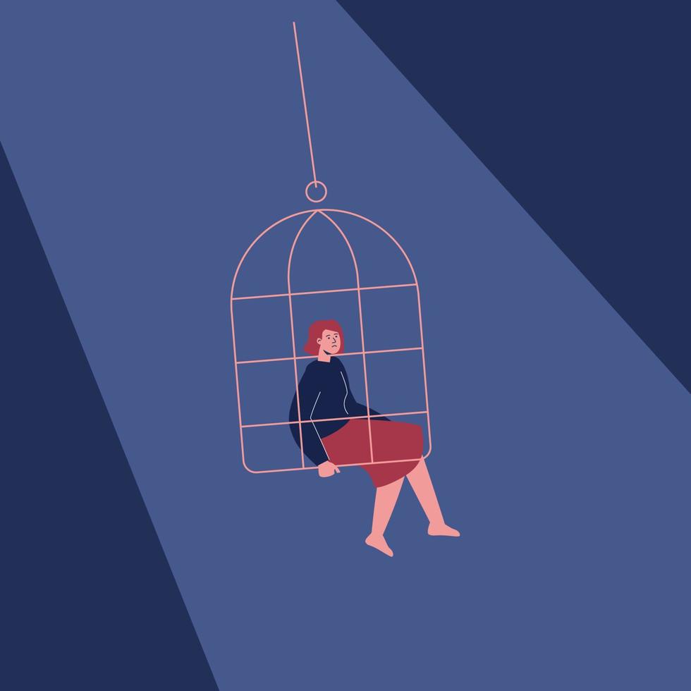 A young woman sitting in a cage, a metaphor of loneliness, depression, isolation. vector