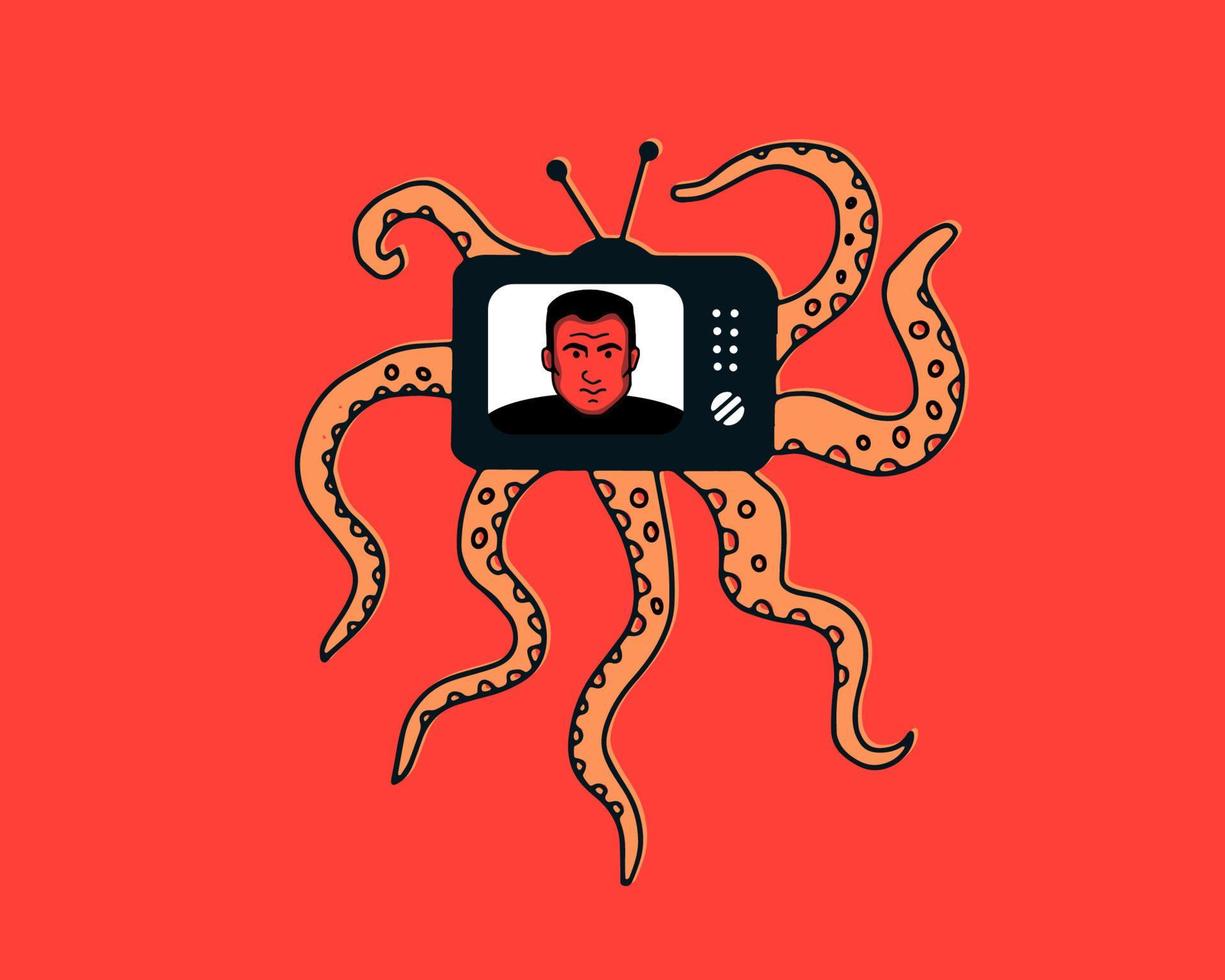 un personaje en forma de pulpo, que en vez de cabeza tiene un televisor, como metáfora de la propaganda zombi y falsificadora. vector