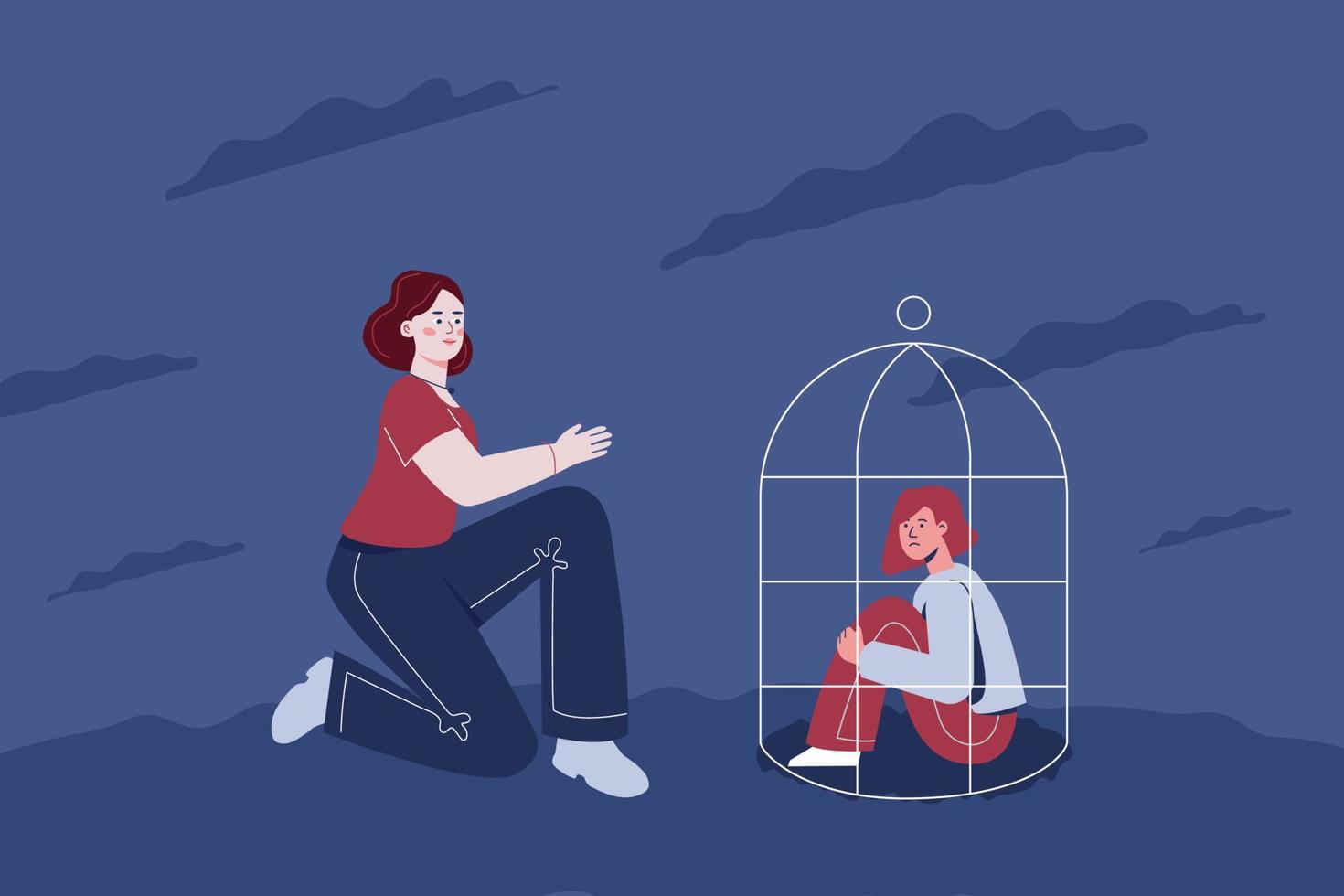 A sad teenage girl is sitting in a cage, next to her a woman holds out her hand. The concept of psychological assistance to adolescents with depression, grief, anxiety. vector