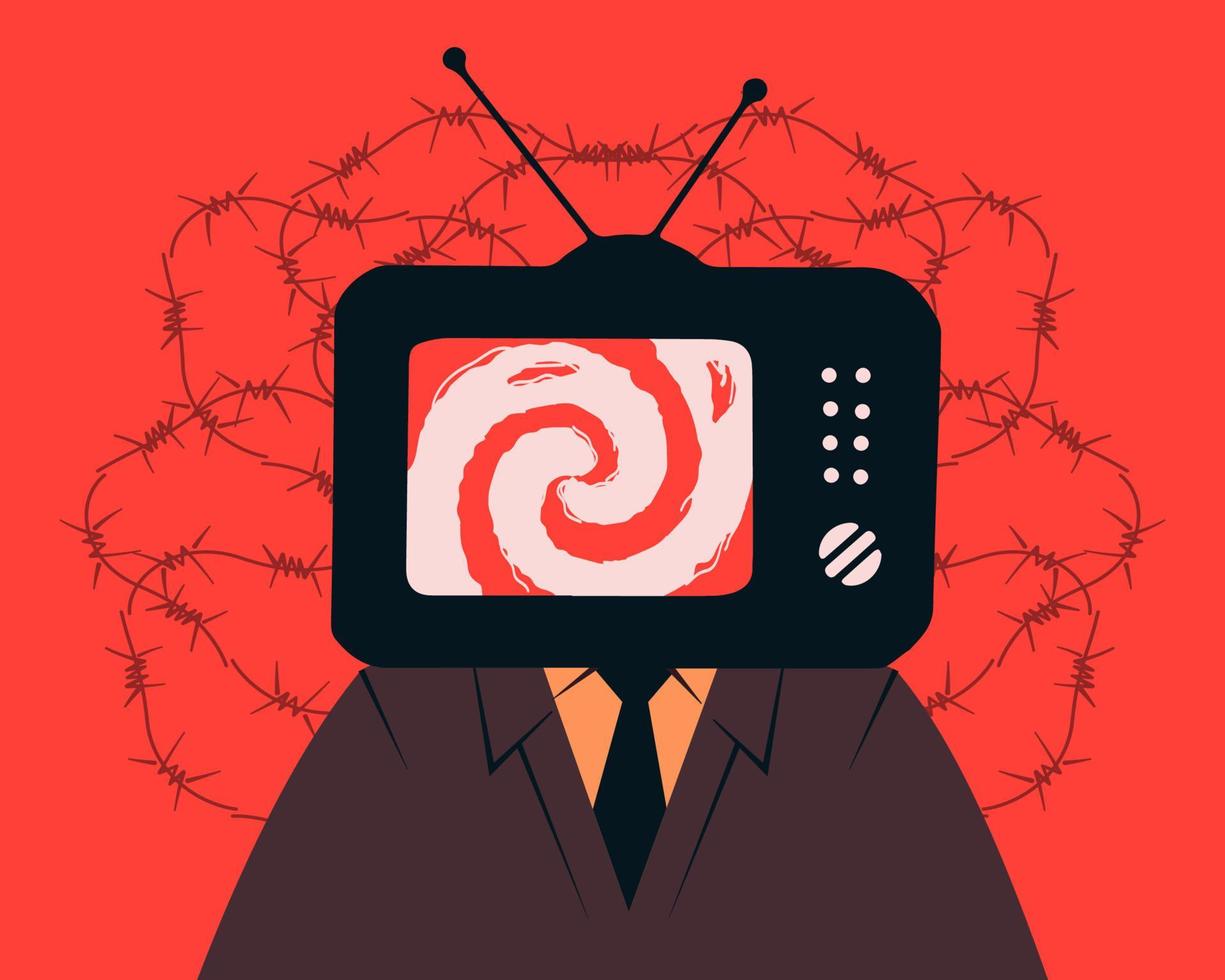 A character in a suit who has a TV instead of a head, a metaphor for lying propaganda, a symbol of fake news. vector