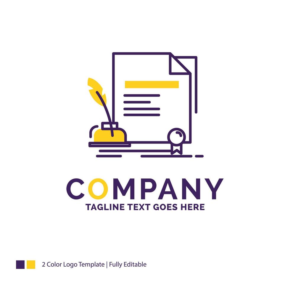 Company Name Logo Design For contract. paper. document. agreement. award. Purple and yellow Brand Name Design with place for Tagline. Creative Logo template for Small and Large Business. vector