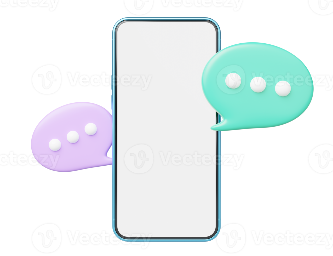 3d smartphone with chat bubble float on transparent. Blue mobile phone with blank white screen. Social media messages inbox, comment, speech balloon. Cartoon icon minimal smooth. 3d rendering. png