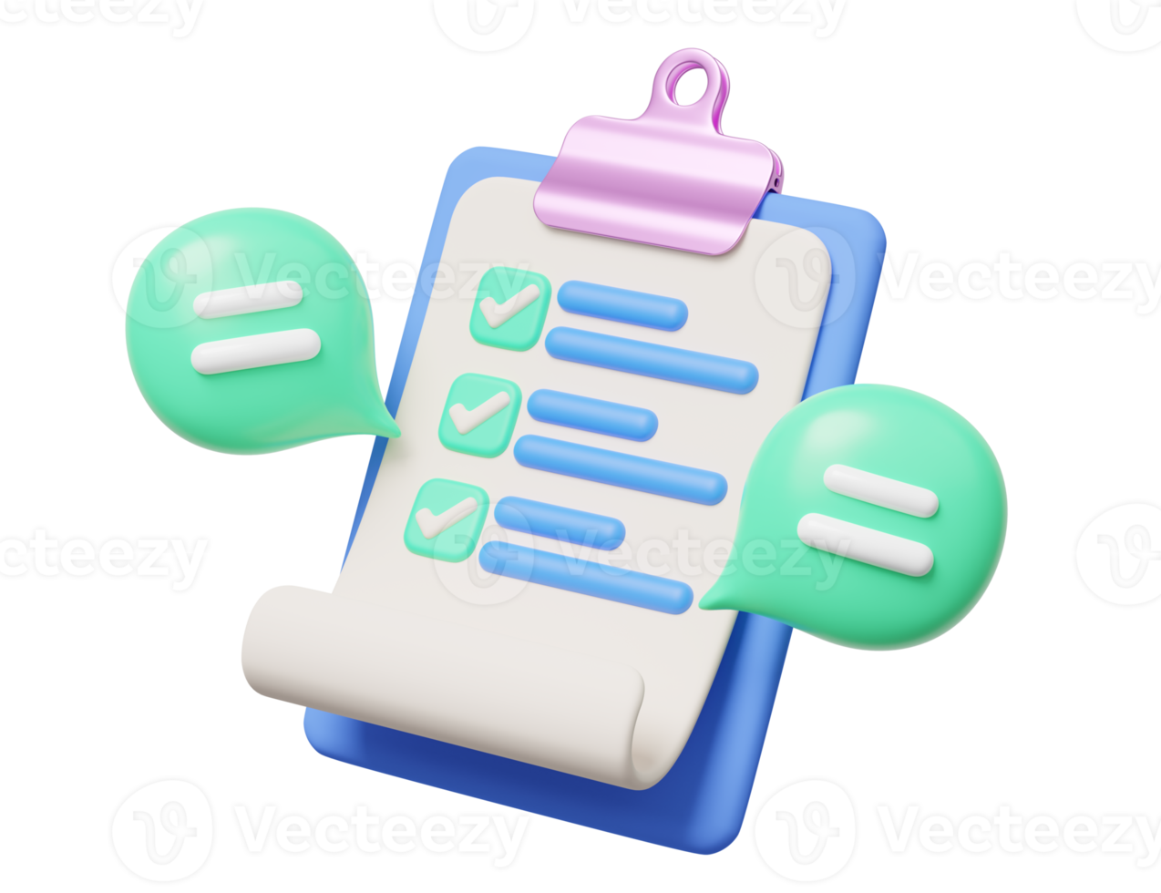 3d Beige clipboard with paper, check marks, speech balloon symbol. Blue checklist document on transparent. Confirmed, approved, comment bubble icon. Cartoon icon minimal smooth. 3d rendering png