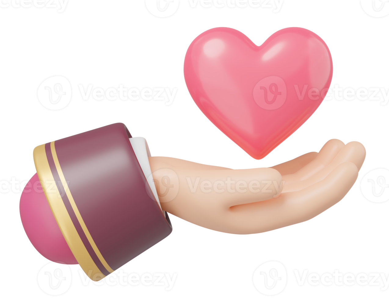 3D rosa Herz schweben auf rotem Armsymbol. karikaturhand, die herz lokalisiert transparent hält. geben senden Liebe. valentinstag, weltgesundheitstag, familienversicherungskonzept spenden. Cartoon-Symbol glatt. 3D-Rendering png