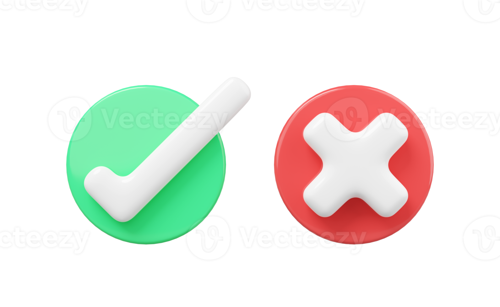 Icono de botón de marca de verificación y cruz realista en 3d. rojo verde brillante redondo con derecha, mal flotando en transparente. elección de símbolo, voto, ok, sí, sin concepto. icono de dibujos animados estilo minimalista. representación 3d png