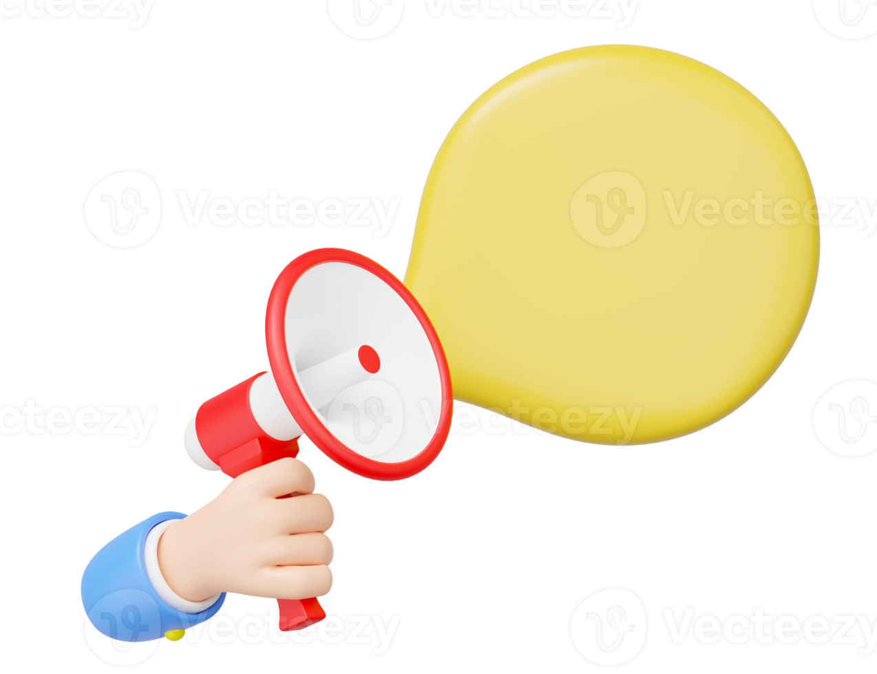 3D Blue hand holding white red megaphone with yellow copy space speech balloon or comment bubble float isolated on transparent. Sale promotion banner. Business cartoon minimal smooth. 3d rendering. png