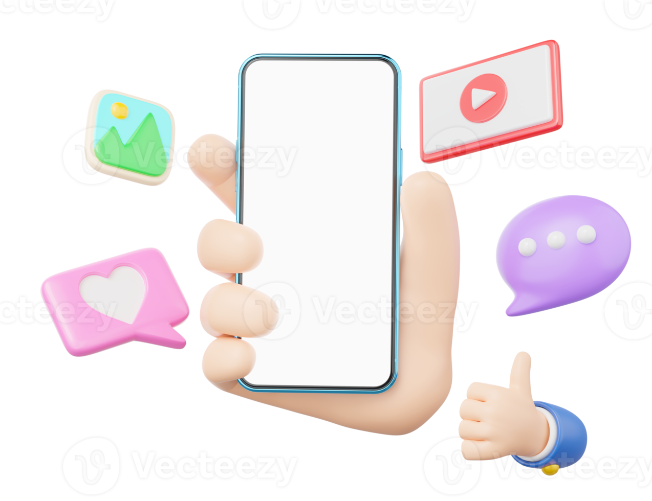 3D human hand holding smartphone. Social media icon with love, like, photo, play video, comment floating on isolated. Mobile phone blank white screen. Mockup Cartoon minimal smooth style. 3d render. png