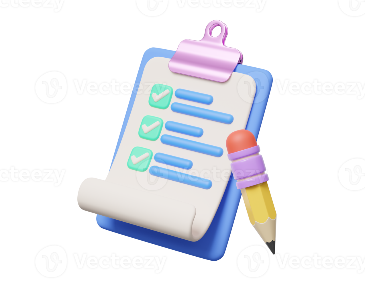 3d blauw checklist en potlood Aan transparant. bevestigd of goedgekeurd document icoon. beige klembord met papier lakens met controleren merken symbool. tekenfilm icoon minimaal glad stijl. 3d weergave. png