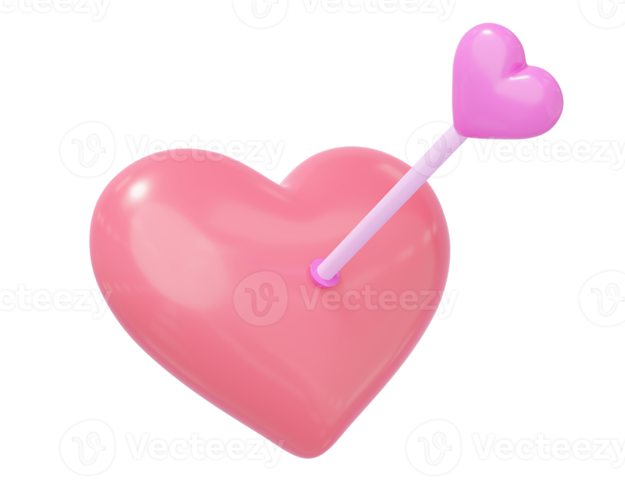 3D rotes Herz mit Amor-Pfeil-Symbol durchbohrt. Valentinstag-Symbol isoliert auf transparent. feiertagsfeier, hochzeitseinladungskonzept. karikaturikone minimaler glatter stil. 3D-Darstellung png