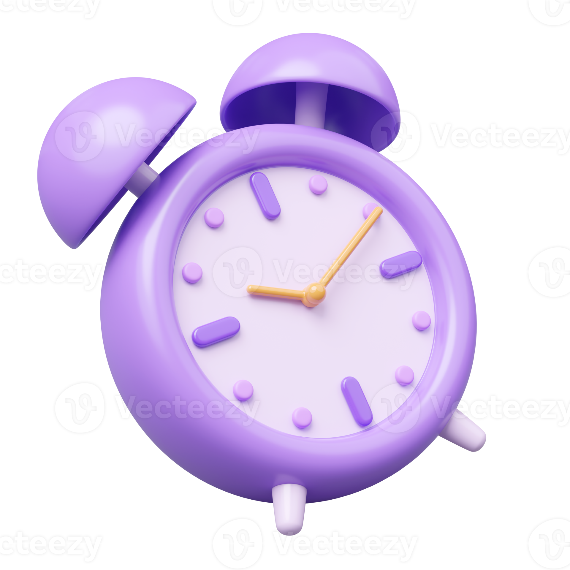 3d Alarm clock icon. Purple vintage clock with twin bell at 10.10