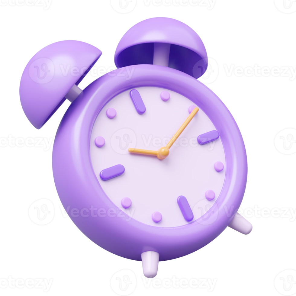 3d Alarm clock icon. Purple vintage clock with twin bell at 10.10 floating isolated on transparent. Time management, time keeping concept. Cartoon icon minimal smooth. 3d rendering. png