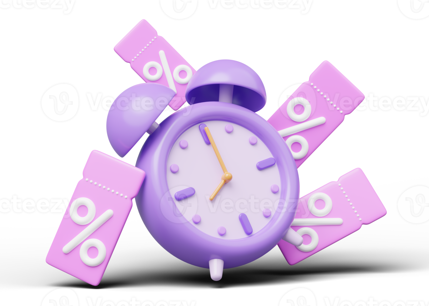 3d Alarm clock with discount price tag. Purple clock at 8 floating on transparent. Special discounts time, Flash sale, Limited promotion offer concept. Cartoon icon minimal smooth. 3d rendering. png