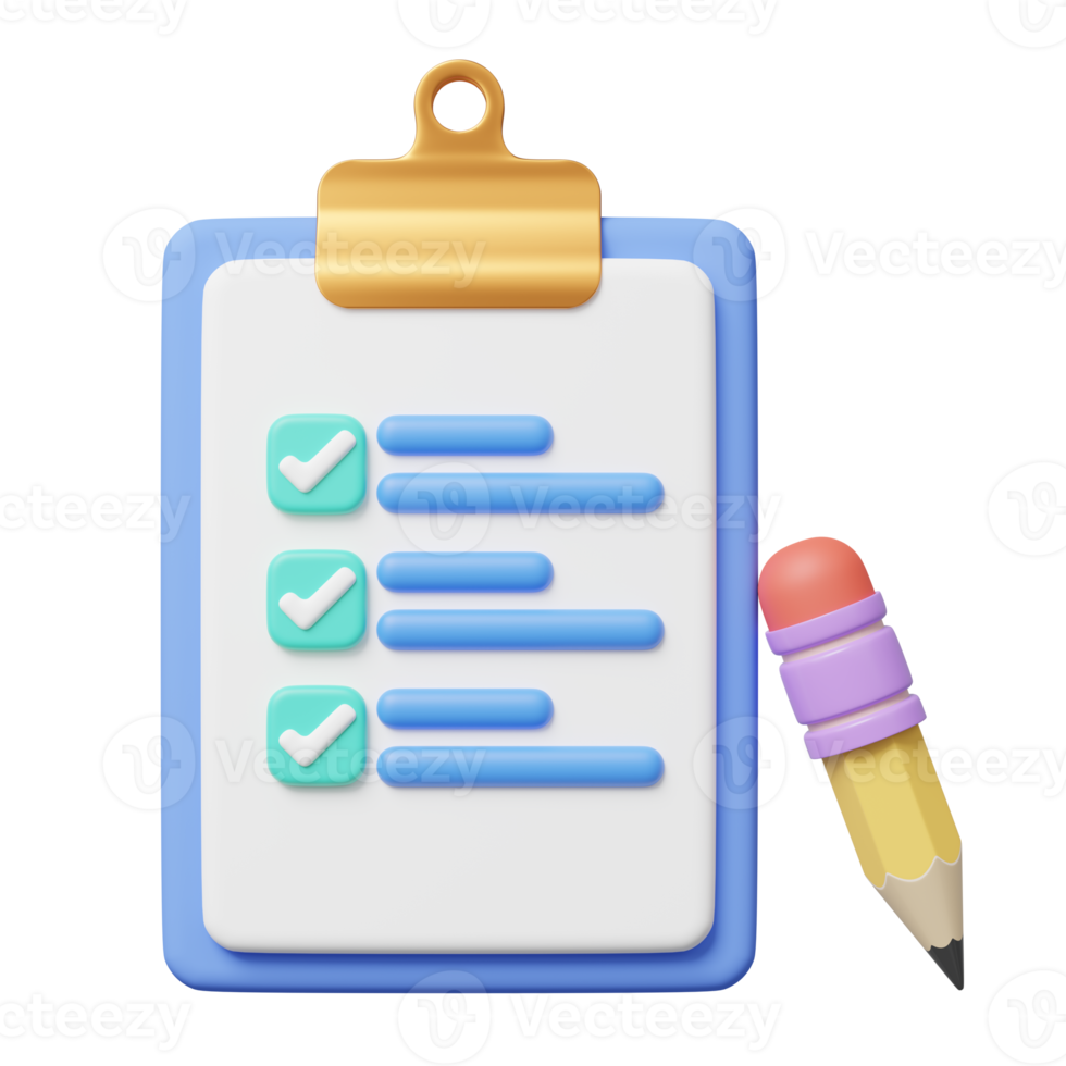 Lista de verificación 3d y lápiz sobre transparente. icono de documento confirmado o aprobado. portapapeles beige con hojas de papel con símbolo de marcas de verificación. icono de dibujos animados estilo minimalista. renderizado 3D con trazado de recorte. png