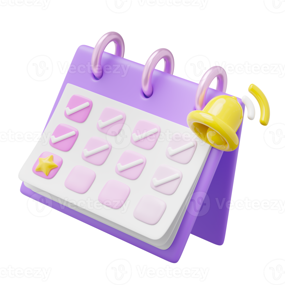 3D Calendar notification icon. Purple calender with check mark in date, bell floating on transparent. Star day for event, holiday plan, business reminder concept. 3d render cartoon icon smooth. png