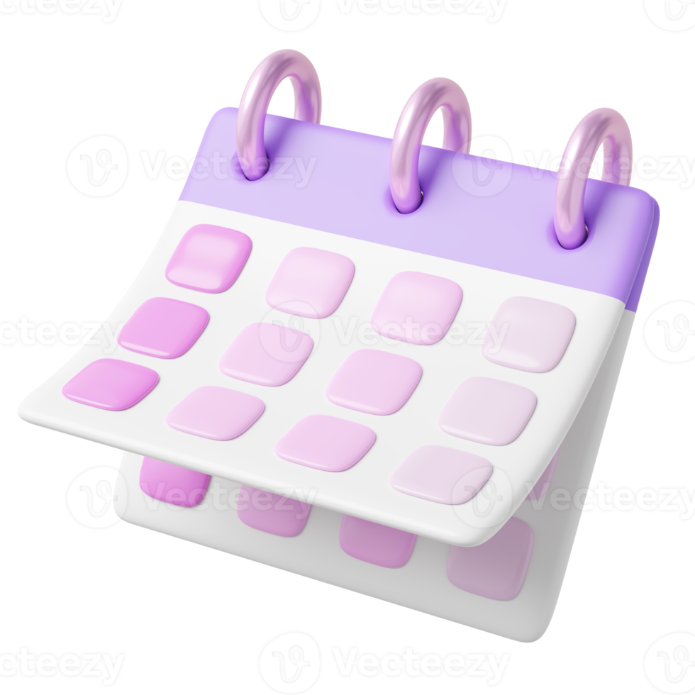 3D Calendar assignment icon. Purple calender paper floating on transparent. Plan, events, reminder concept. Pink copy space for text or date. Cartoon icon minimal smooth. 3d rendering. png