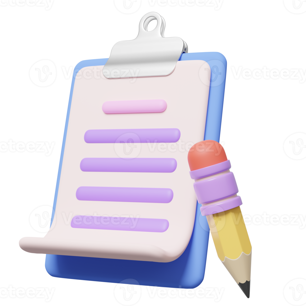 3D Clipboard, white sheet and pencil floating on transparent