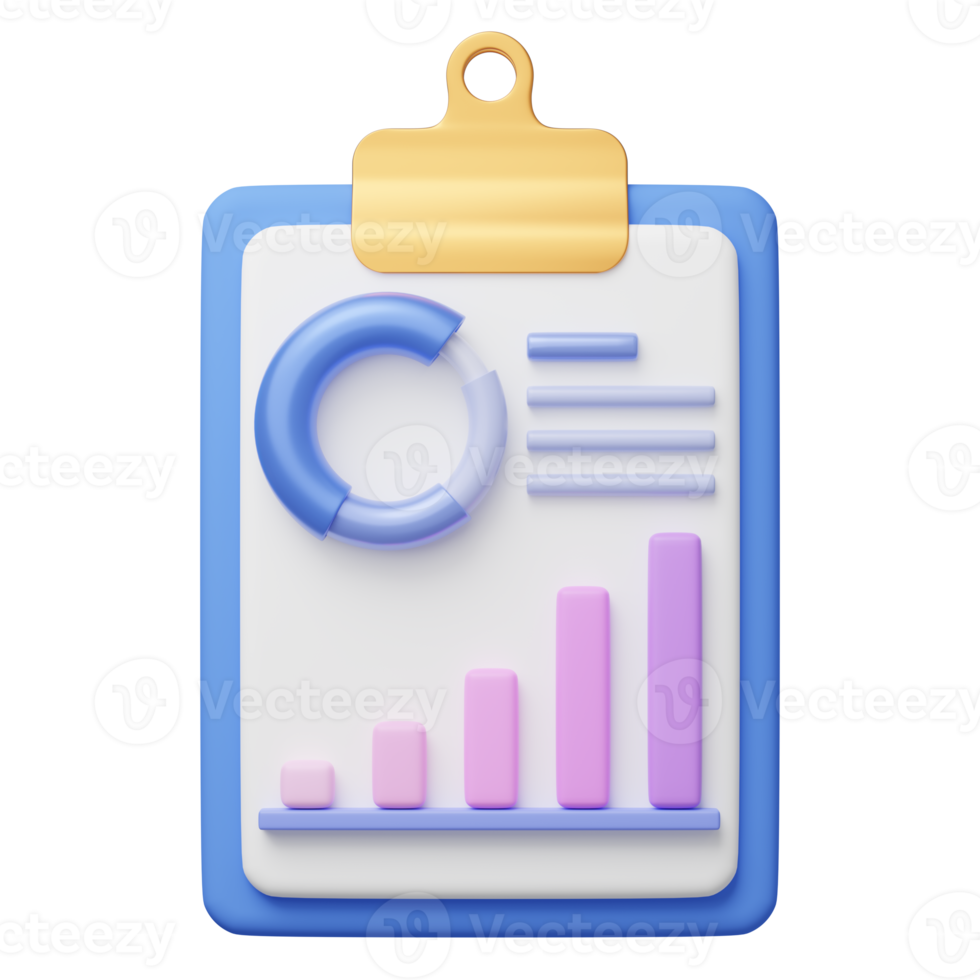 3D Clipboard with growing bars graphic, donut or pie chart floating on transparent. Writing on document. SEO web analytics. Business Cartoon icon minimal style. 3d render with clipping path. png