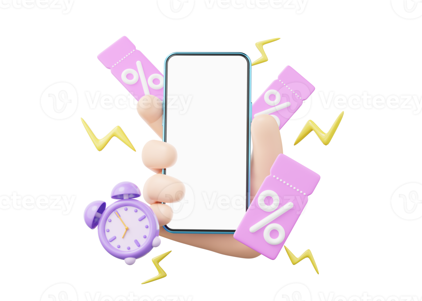 3D hand hold smartphone. Alarm clock discount price tag floating on transparent. Mobile phone blank screen. Special offer time, Flash sale, promotion concept. Cartoon minimal smooth. 3d rendering. png