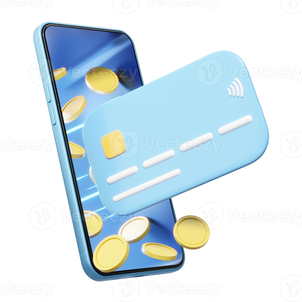 3D Credit card, money coin flew out phone on transparent. Mobile banking, Online payment service. Virtual card, business financial concept. Smartphone money transfer. cartoon icon smooth. 3d render. png