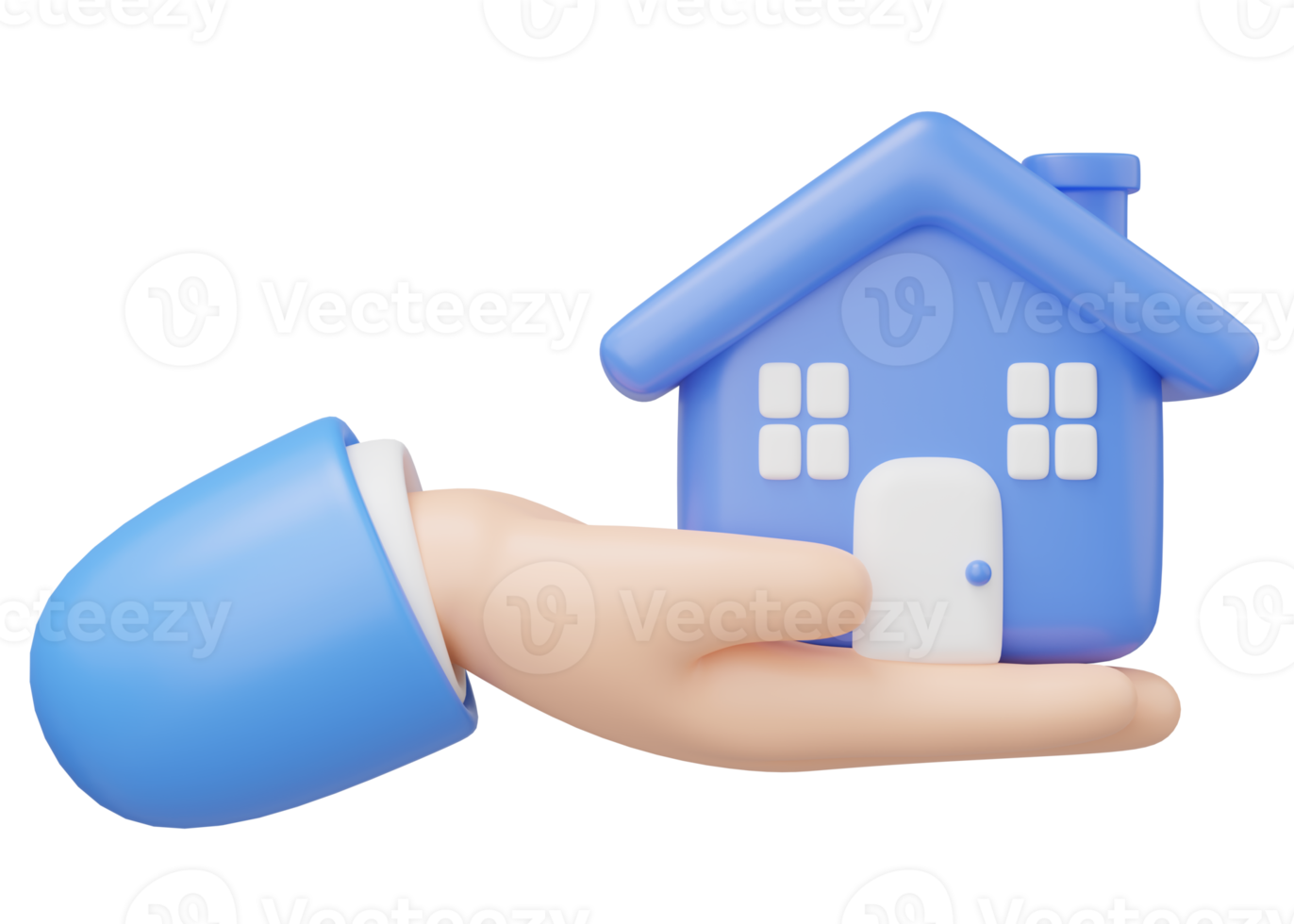 3D Hand holding house icon. Toy home in hand float isolated on transparent. Investment, real estate, mortgage, offer of purchase, loan concept. Mockup Cartoon minimal icon. 3d render illustration. png