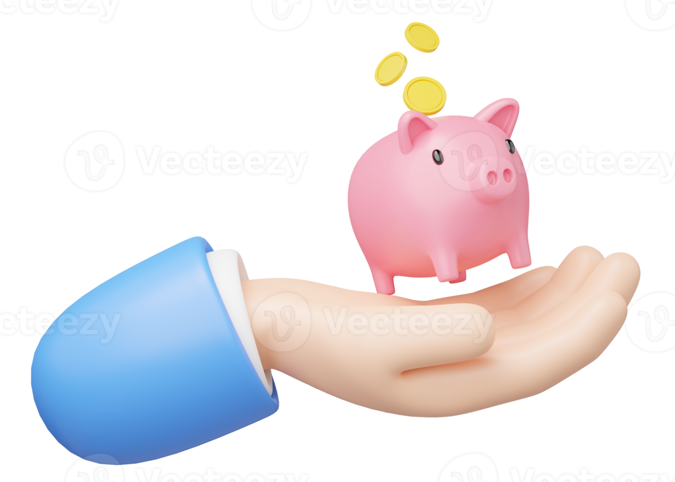 3D Piggy bank float in hand isolated on transparent. Business man hold pink money box icon. Mobile banking service, cashback, refund, loan concept. Saving money wealth. Cartoon icon smooth. 3d render. png