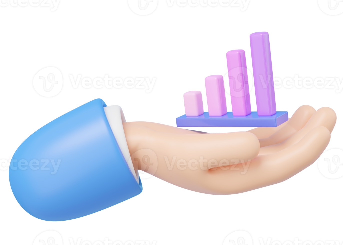 Hand holding growing bars graphic floating on transparent. Rising value chart. SEO web analytics. Business financial investment growth. Cartoon icon minimal style. 3d render illustration. png