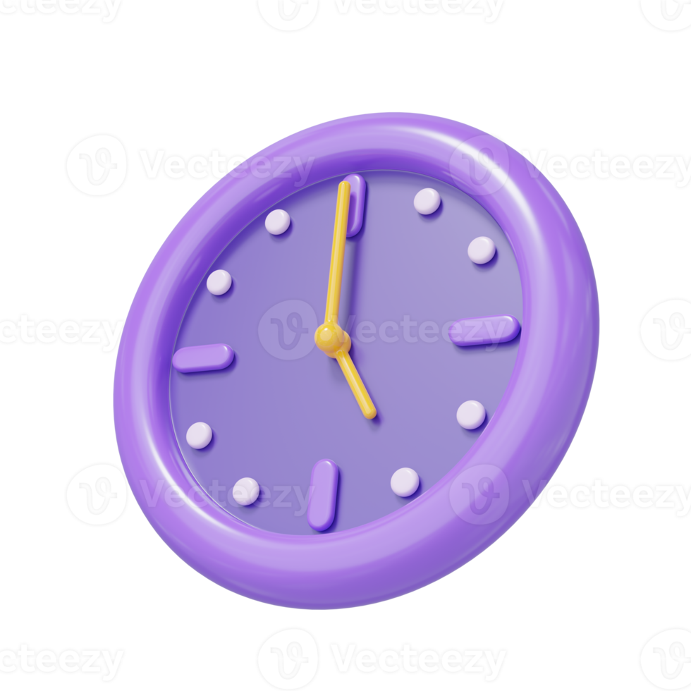 3d Alarm clock icon. Purple modern watch at 10.10 floating isolated on transparent. Time management, time keeping concept. Cartoon icon minimal smooth. 3d rendering. png
