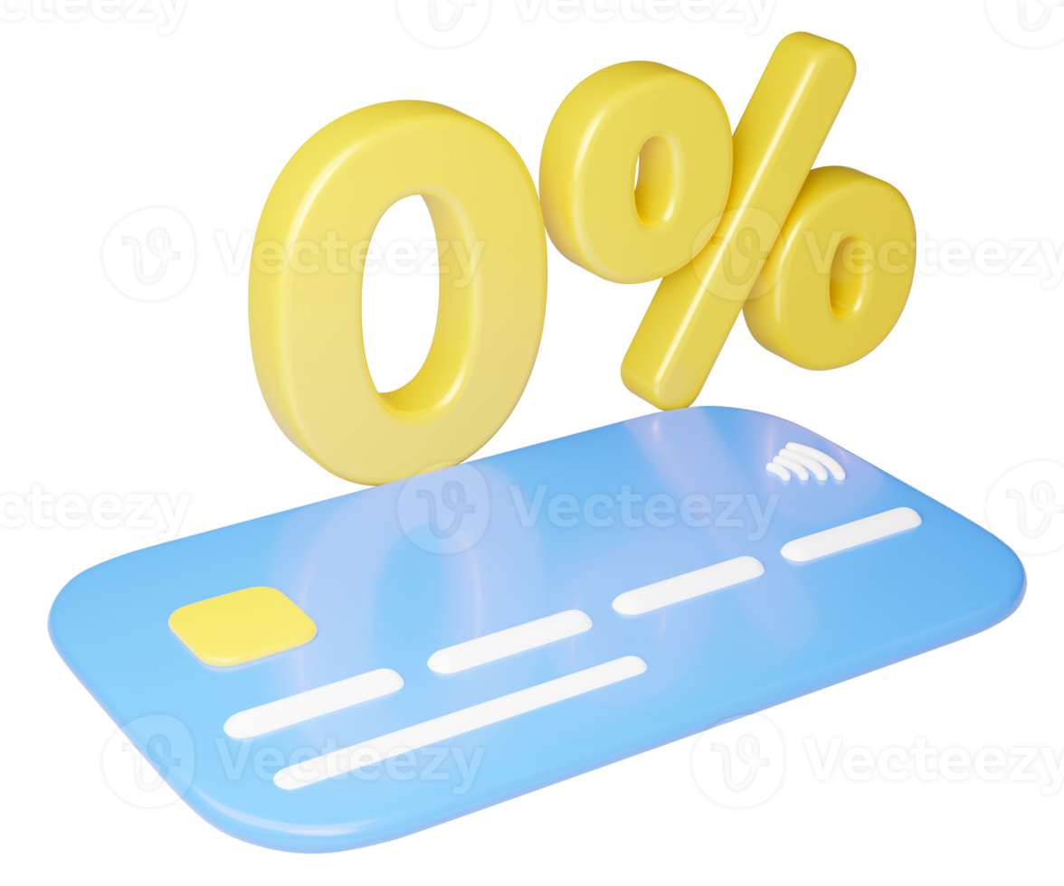 3D-Kreditkarte mit 0-Prozent-Zinsratenmodell, das isoliert auf transparent schwebt. Onlinebezahlung. digitales Marketing. E-Commerce. Geld abheben. einfaches einkaufen. Cartoon-Symbol glatt. 3D-Rendering png