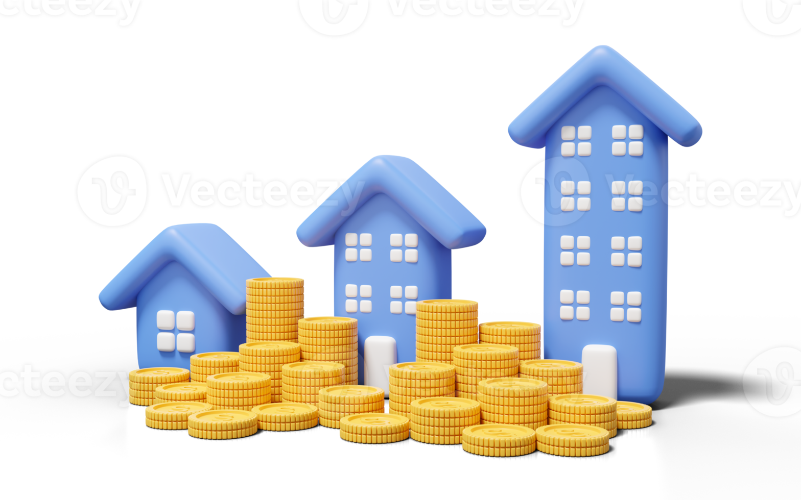 3d blue house with gold coins stack on transparent. Mockup arrow home, building, condo. Business financial investment growth concept. cartoon icon minimal smooth style. 3d render illustration. png