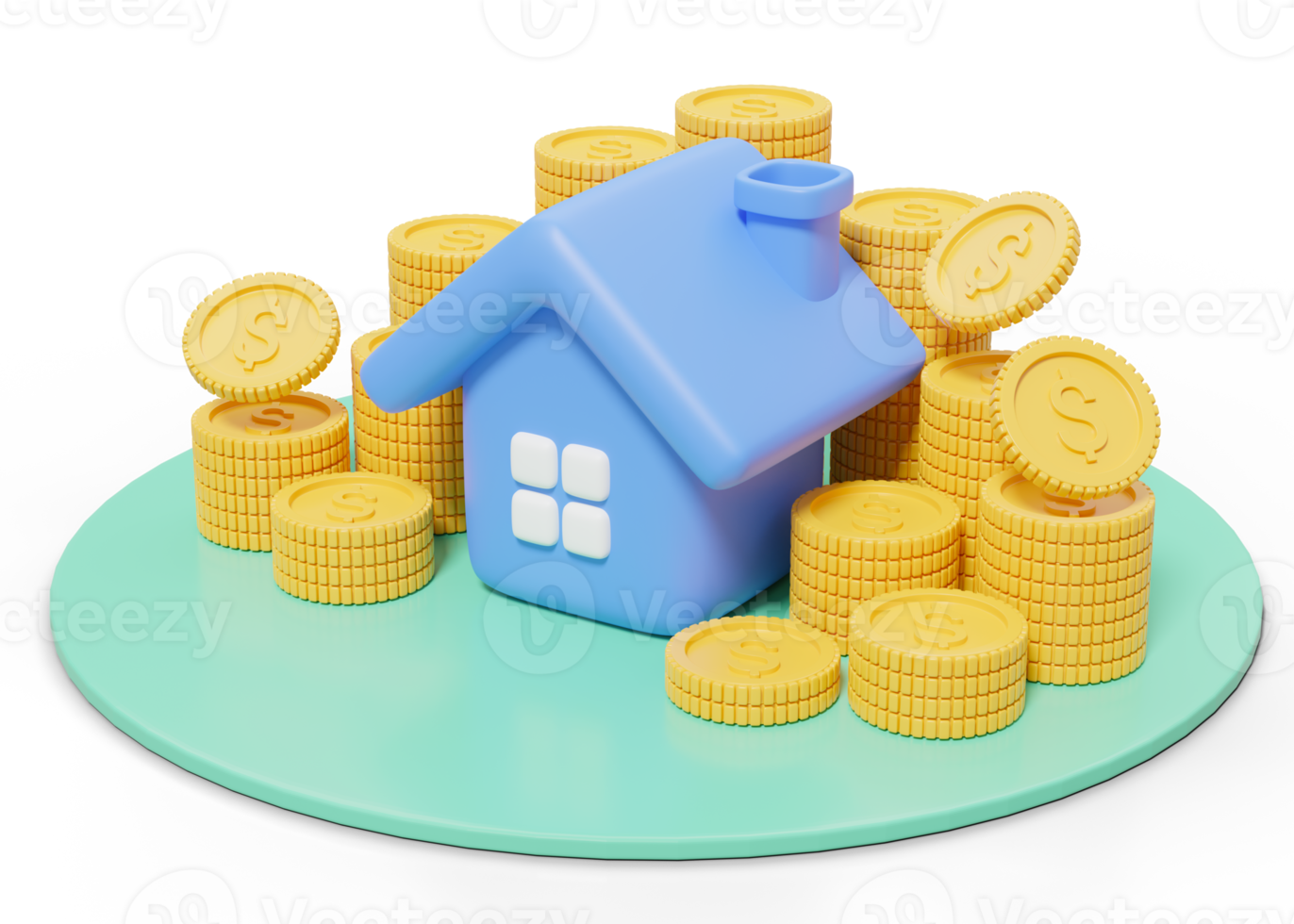 3d Gold coins falling into stack and house on transparent. Blue home model icon on green pedestal. Financial investment growth concept. Mockup cartoon icon minimal style. 3d render illustration. png