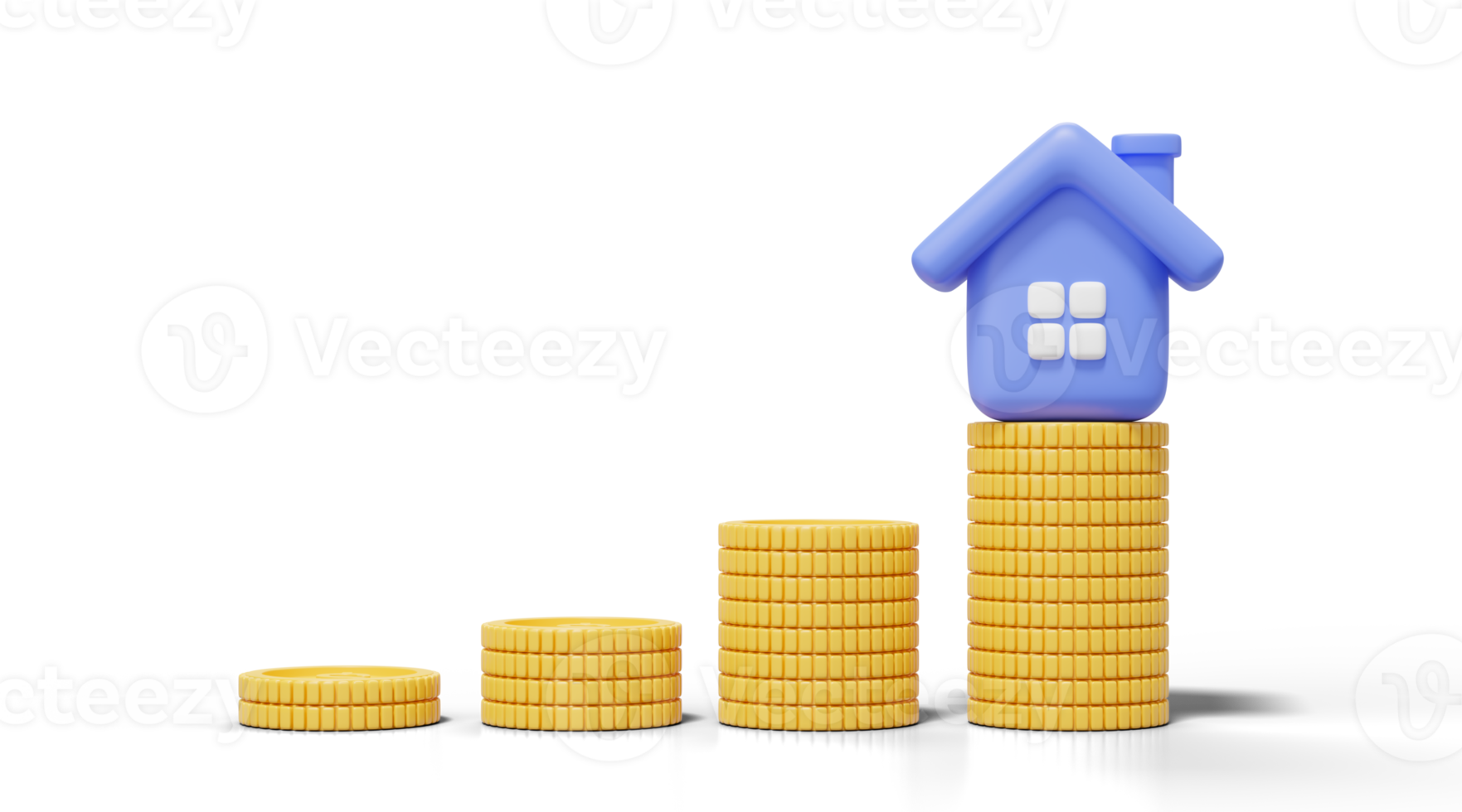 3d blauw huis Aan goud munten stack Aan transparant. huis model- met ramen, deur icoon. bedrijf financieel investering groei concept. mockup tekenfilm icoon minimaal glad stijl. 3d geven illustratie. png