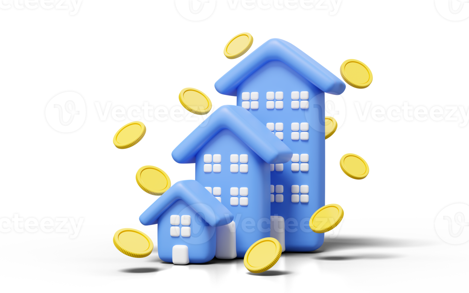 Flecha de maqueta 3d hacia arriba, casa, edificio, condominio, moneda en transparente. crecimiento de la inversión financiera empresarial. concepto de gráfico de valor de la casa en aumento. icono de dibujos animados estilo suave mínimo. Ilustración de procesamiento 3d. png