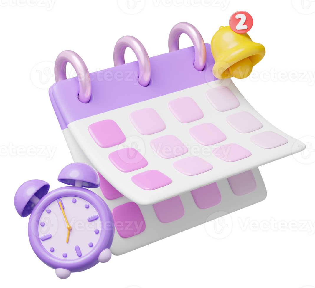 ícone de lembrete de calendário 3D. calendário roxo com data vazia, sino, relógio flutuando transparente. agendado, evento, plano de férias, conceito de notificação de negócios. ícone dos desenhos animados suave. renderização 3D. png