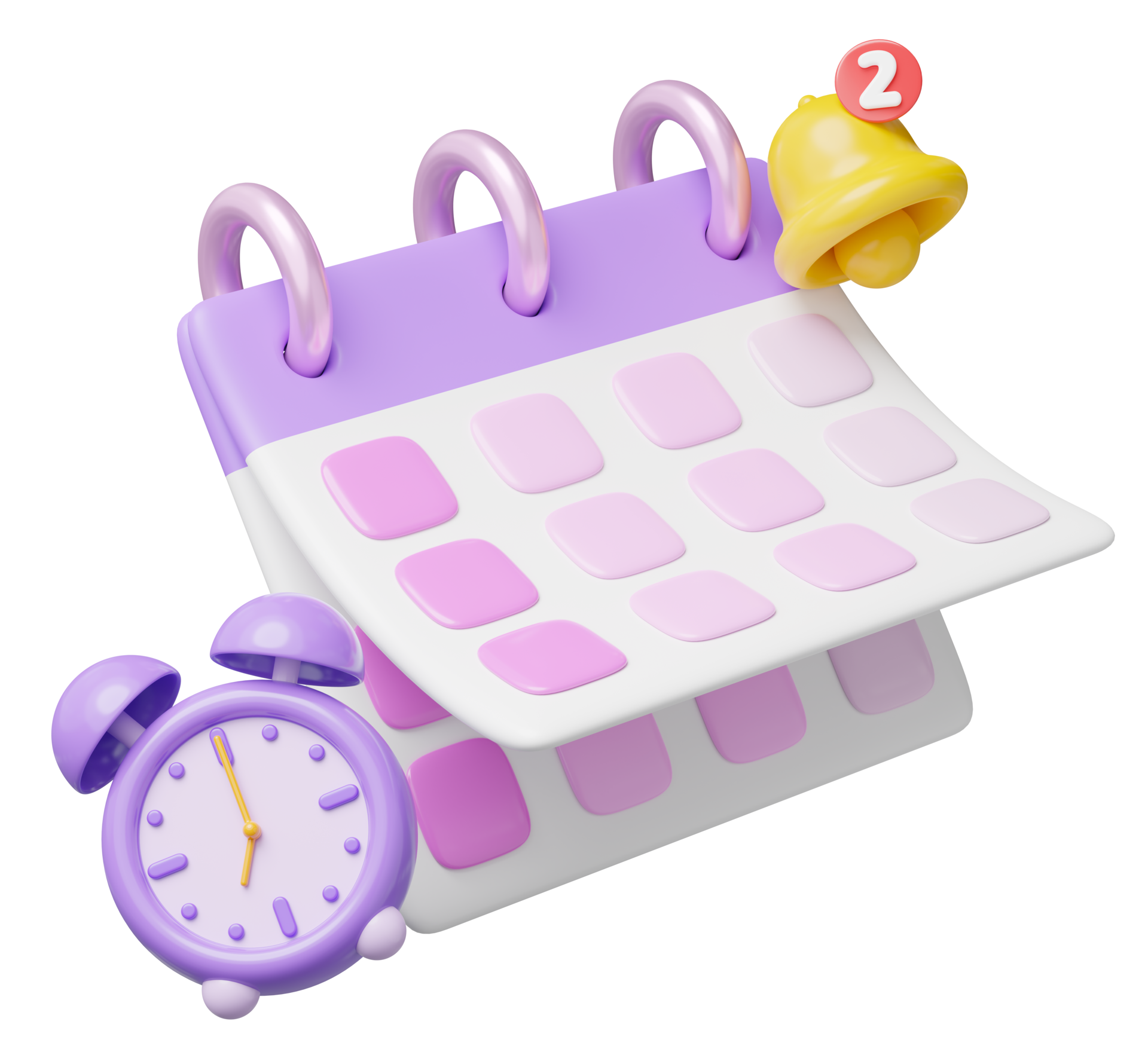 3D Calendar Reminder Icon Purple Calender With Empty Date Bell Clock 3d-calendar-reminder-icon-purple-calender-with-empty-date-bell-clock